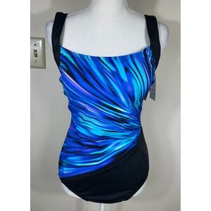 Mimi Flamingo Shape Solver Sport Swimsuit Sz 12 Blue Squareneck Illusion NEW